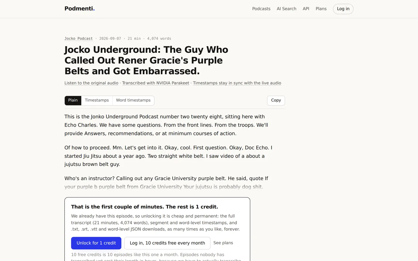 A transcript page on Podmenti with plain, timestamped and word-level views